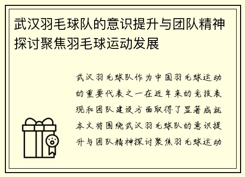 武汉羽毛球队的意识提升与团队精神探讨聚焦羽毛球运动发展